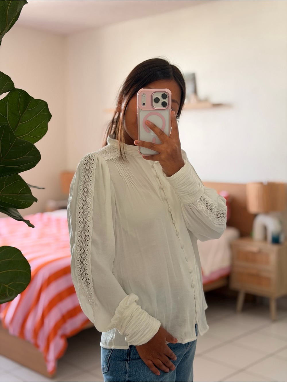 Mango White Lace-Trim High-Neck Button-Up Blouse
